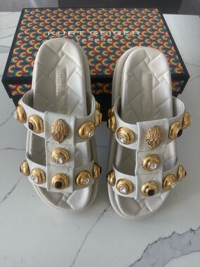 Kurt Geiger Cream Quilted Slide Sandals with Gold Jewel Studs